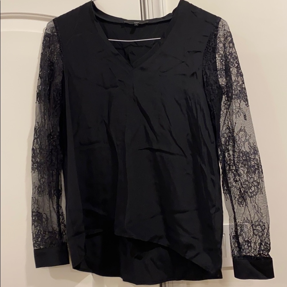 Tibi Black Silk Top with Lace Sleeves